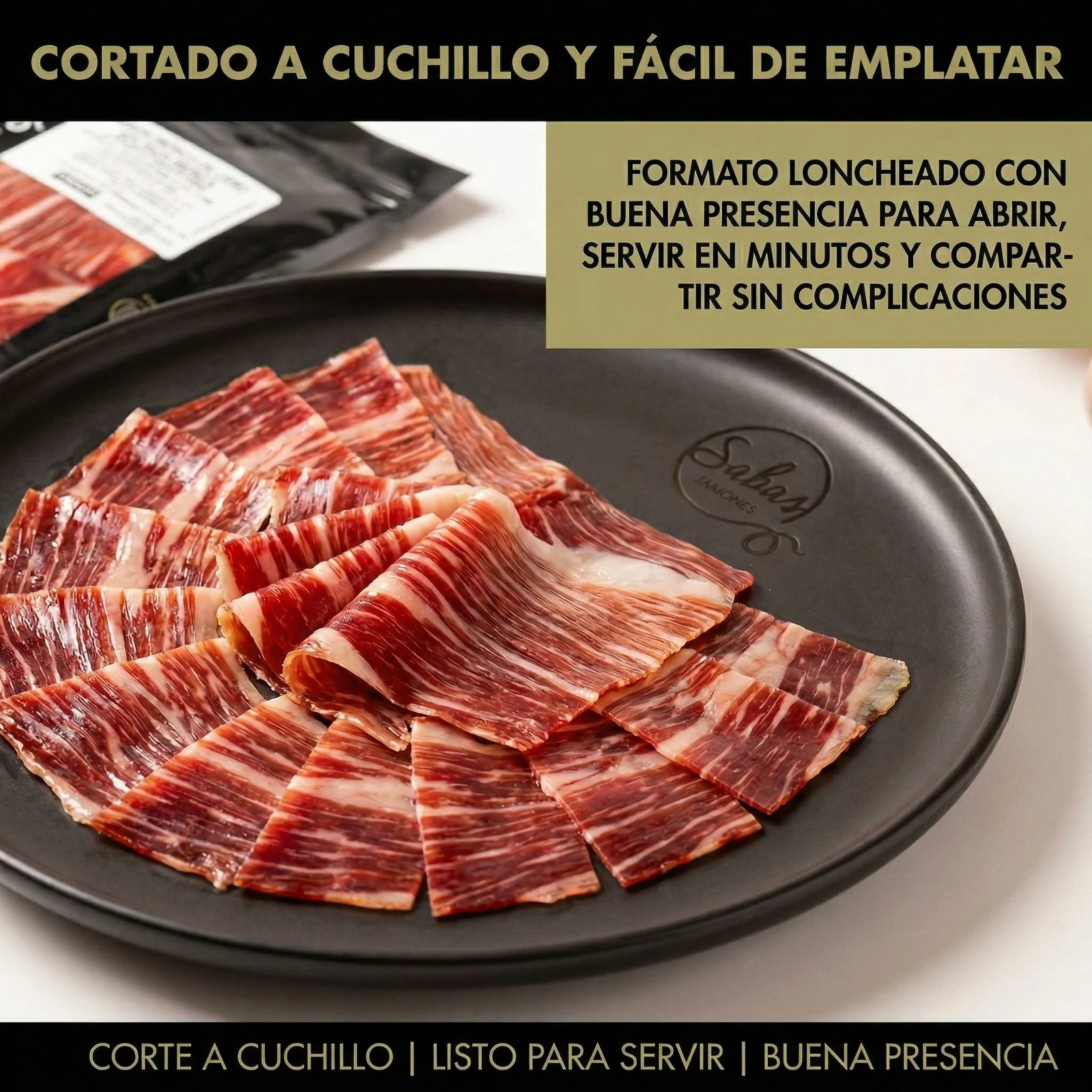 Jamón de cebo ibérico emplatado — cortado a cuchillo y listo para servir