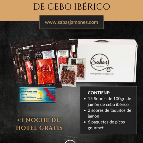 Maletín de jamón de cebo ibérico, 15 sobres más 2 sobres de taquitos todo en 100 Gr y 6 paquetes de picos gourmet