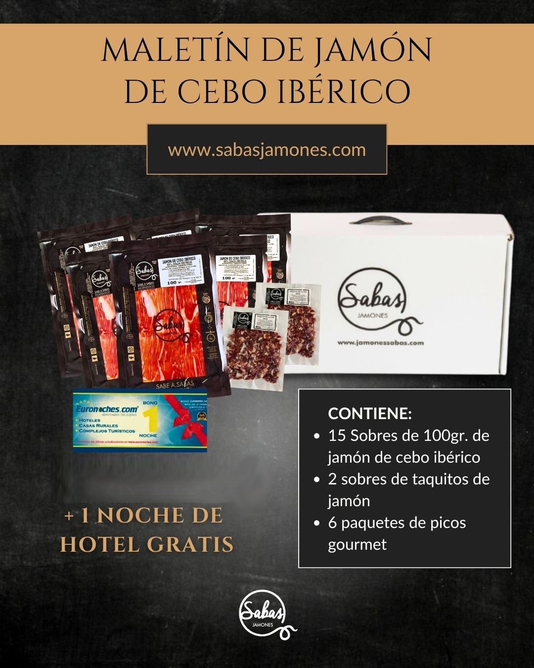 Maletín de jamón de cebo ibérico, 15 sobres más 2 sobres de taquitos todo en 100 Gr y 6 paquetes de picos gourmet